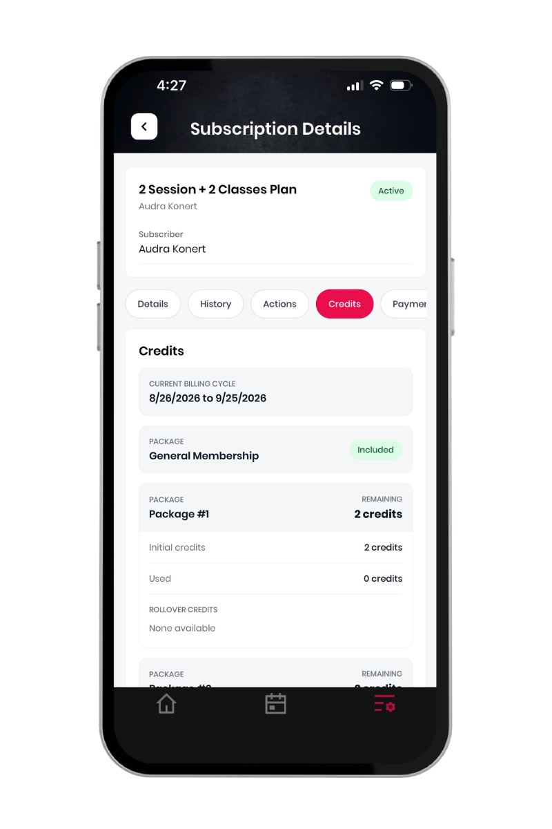 CoachFirst Client App showing a membership's remaining credits and current billing cycle