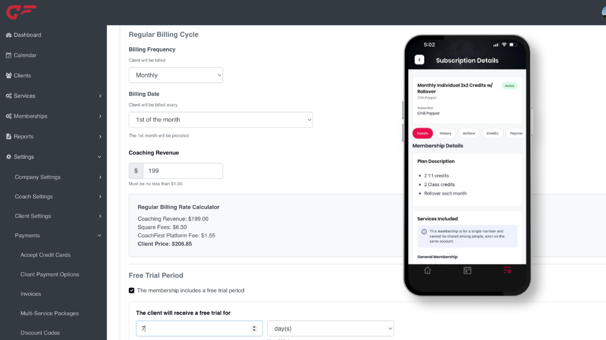 CoachFirst membership billing setup in the Coach Portal, with the client's Subscription Details view shown on a phone